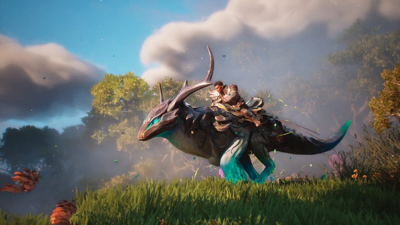 Guild Wars 3 in-engine shot of a Vaelwarden riding a Seeker across the wilds of Orr